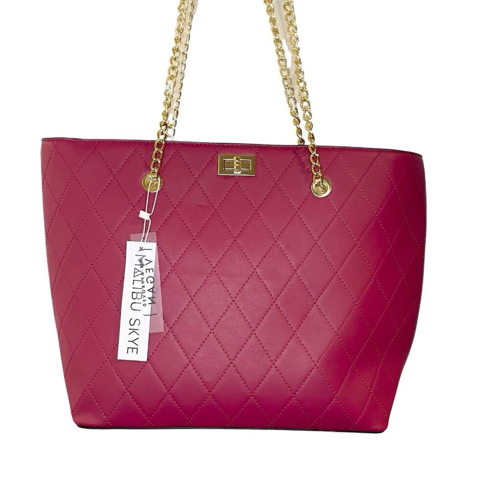 Malibu Skye Tote Large Fuchsia Gold Chain Double Handles Shoulder Bag New - Picture 2 of 7